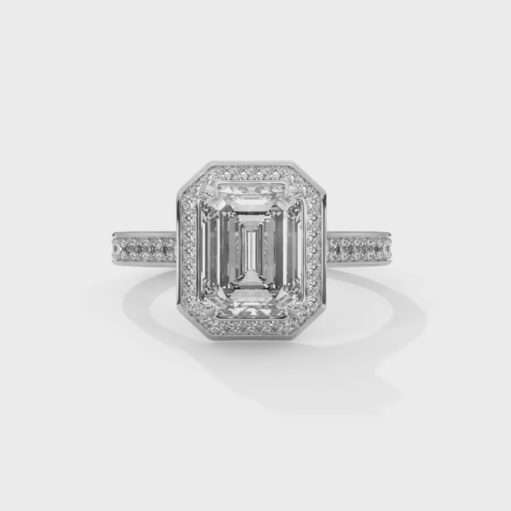 MJBS49 - Cathedral Style Emerald Bezel Halo Wedding Ring