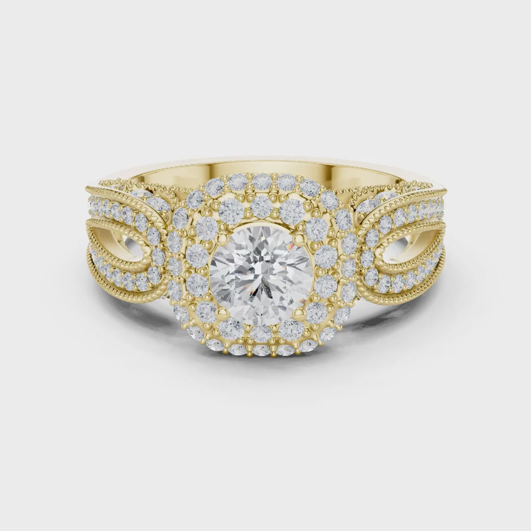 MJA014 - Encrusted Cushion Double Halo Statement Ring with Openwork Split Shank