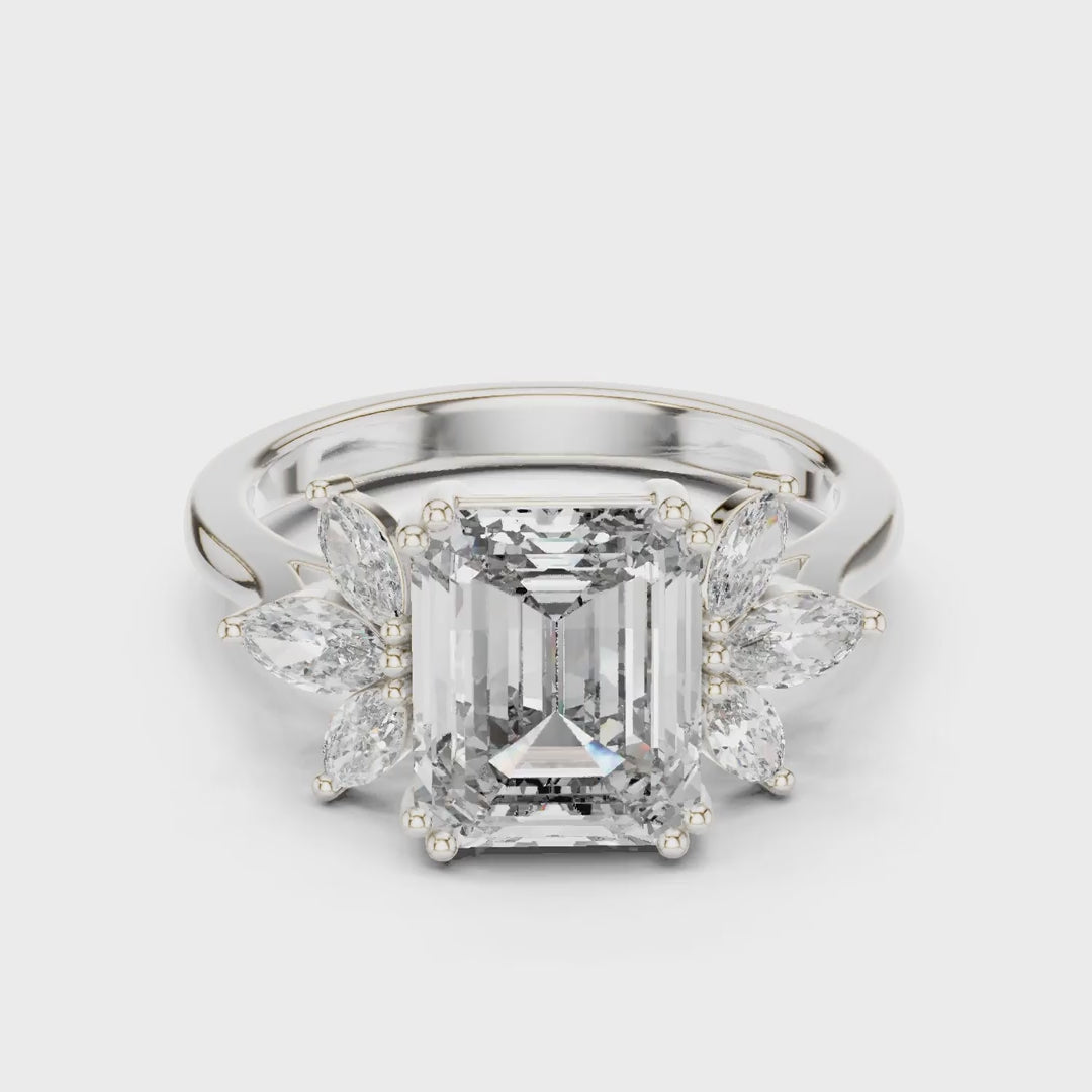 MJR0123 - Floral Cluster Emerald Cut Ring with Marquise Side Petals