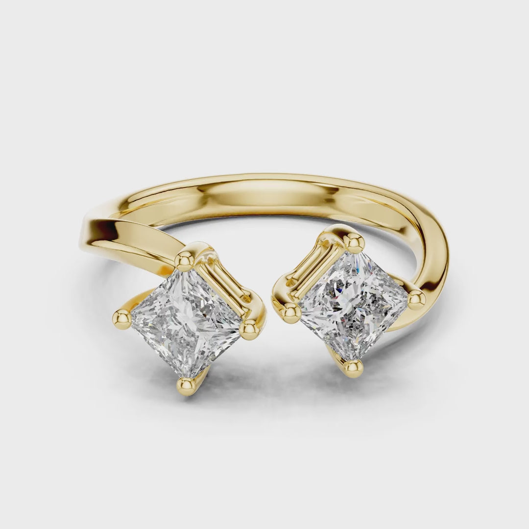 MJR046 - Princess Cut Open Cuff Twin Stone Bypass Ring