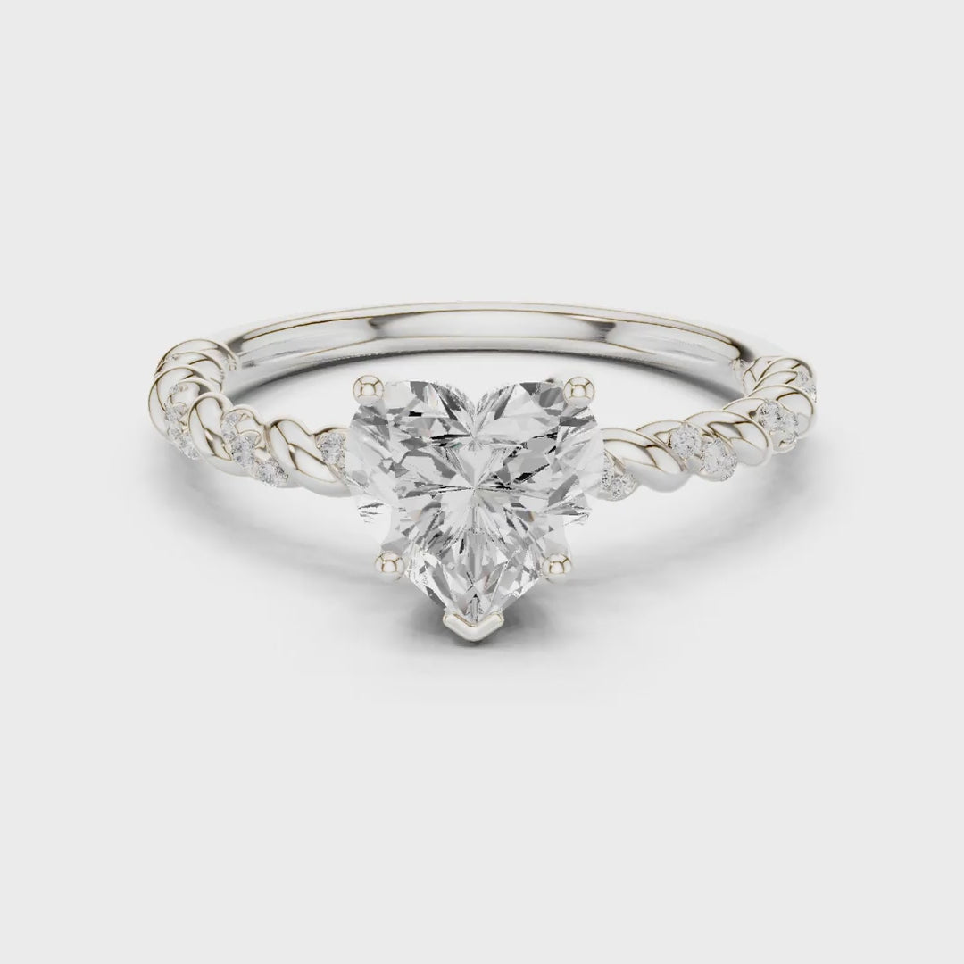 MJR0135 - Heart Cut Solitaire Ring with Twisted Rope Pavé Band