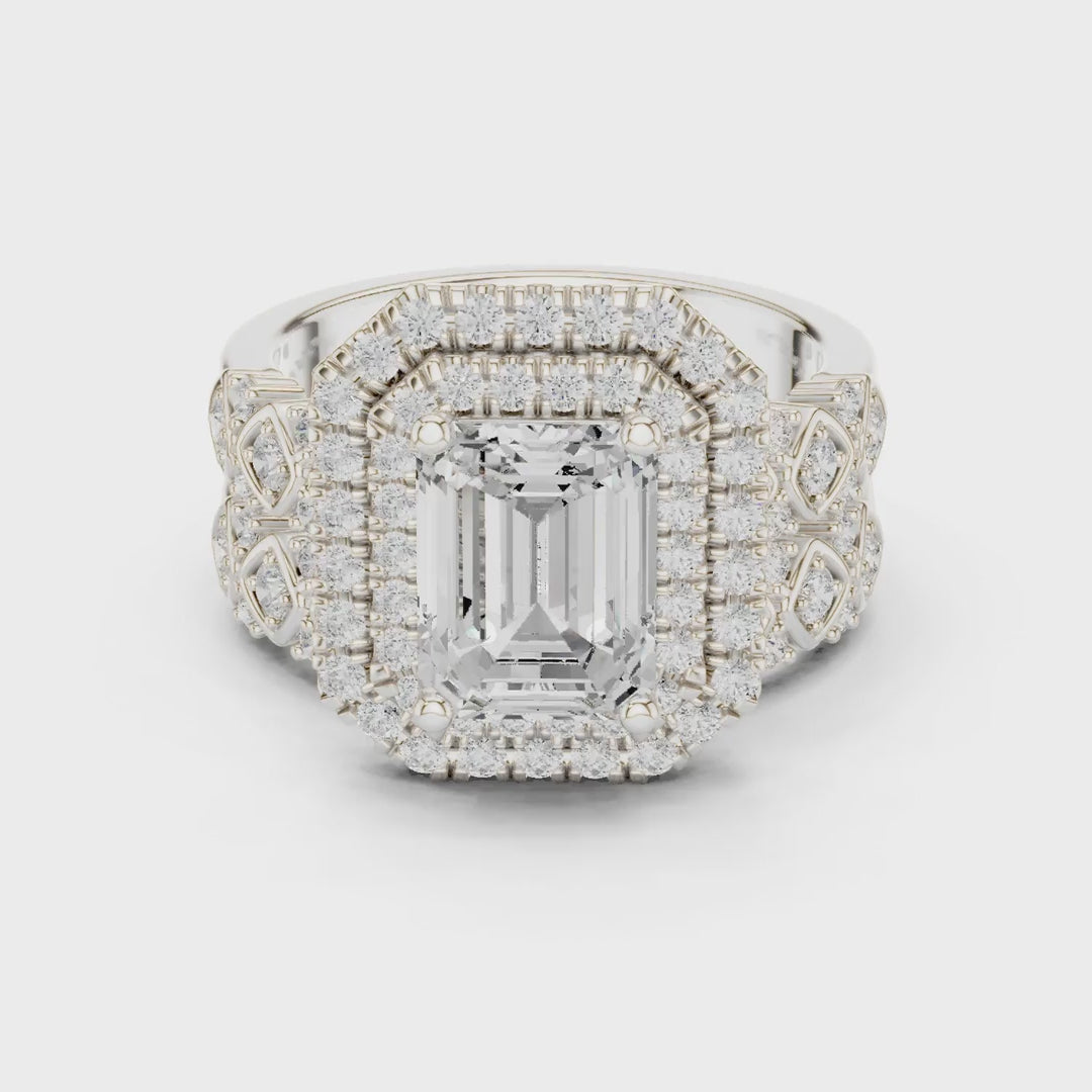 MJA018 - Emerald Cut Vintage-Inspired Double Halo Bridal Set