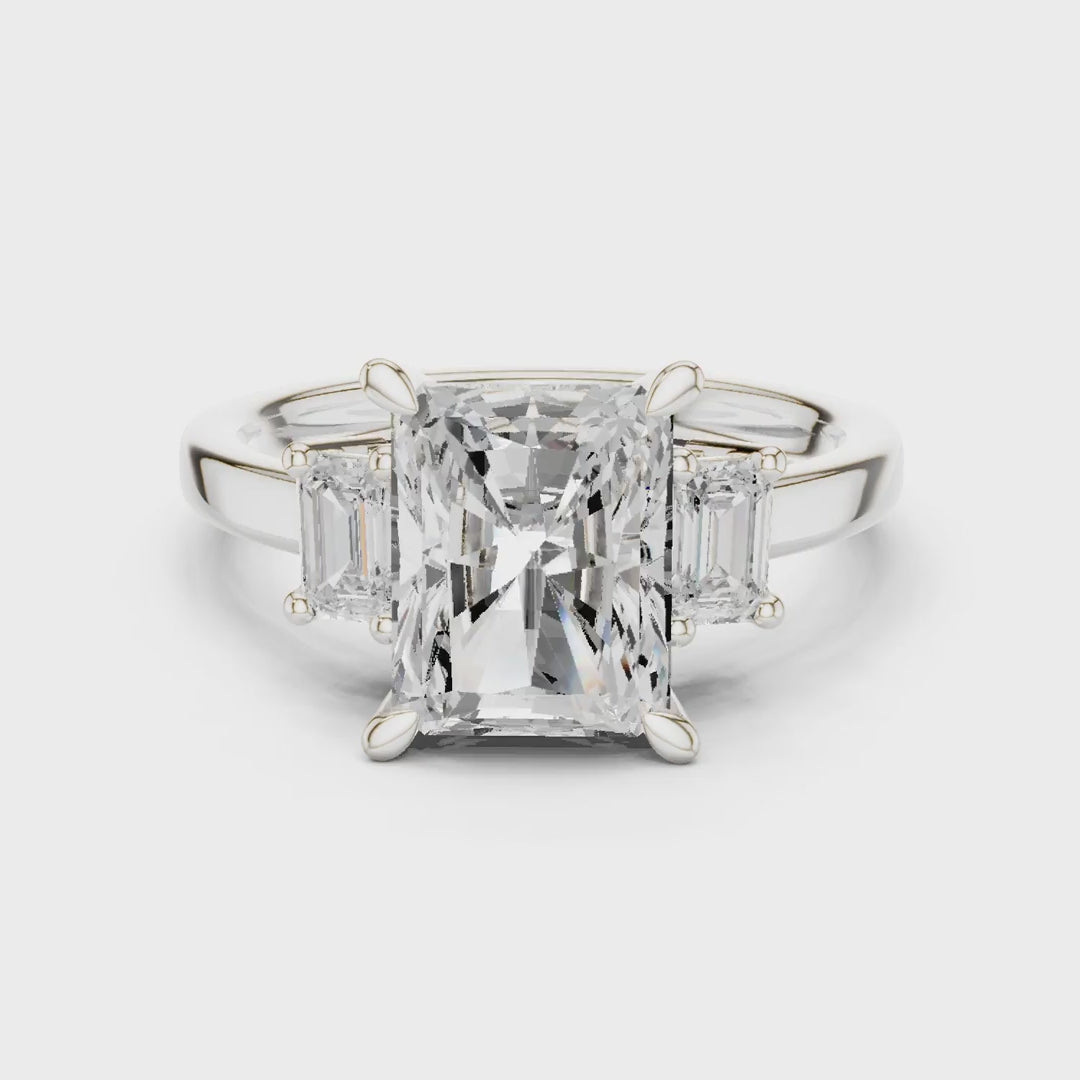 MJR0149 - Radiant Center Three Stone Ring with Side Trapezoids