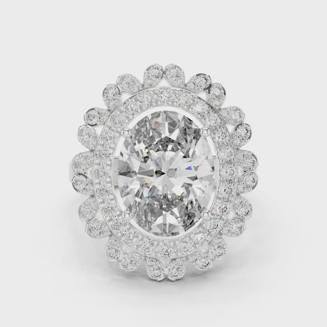 MJR0109 - Floral Scalloped Double Halo Oval Solitaire Ring