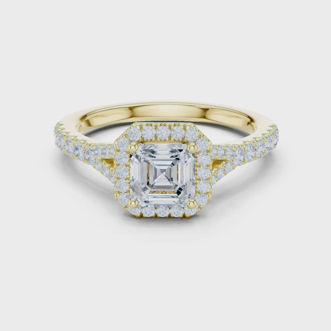 MJR093 - Asscher Cut Halo Engagement Ring with Split Pavé Shank