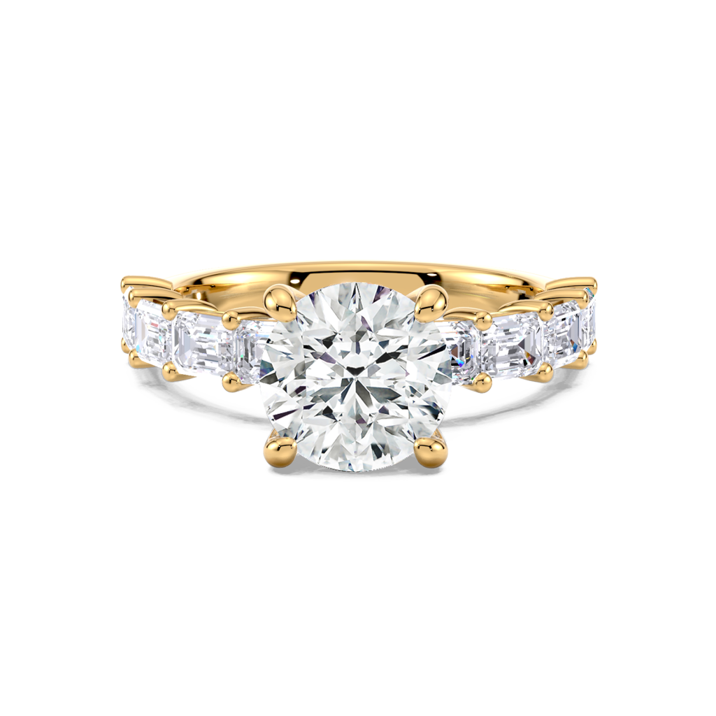 Round diamond ring with side emerald diamonds